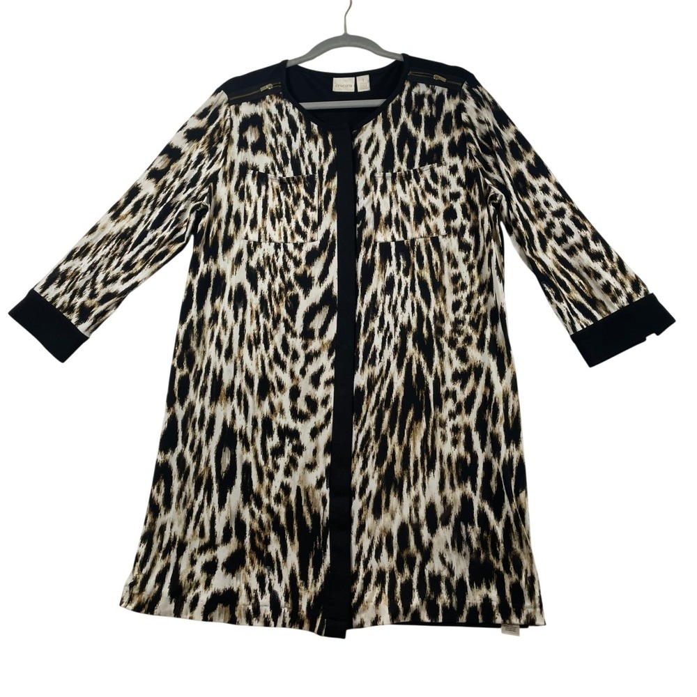 Chicos Leopard Print Tunic Top‎ Gold Zipper Shoulder Animal Print Black Size M/8